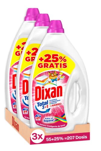 Dixan Gel Adiós al Separar Total 3+1, Detergente Líquido para Lavadora (55 lavados +25% gratis- pack de 3, total: 207 lavados), jabón líquido para la ropa de color, Limpieza, luminosidad y frescor Cover