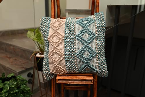 Image of TIB Premium Boho Decorative Throw Cushion Covers, 16 x 16 cm, Set of 2, Cotton. (Blue & White Diamonds)