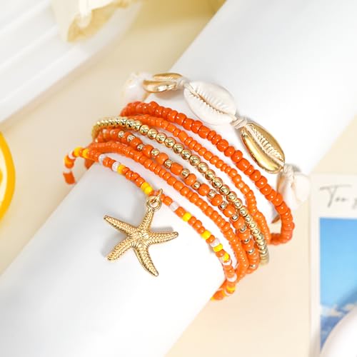 Image of 7 Pack Boho Beaded Shell Anklet Bracelets for Women Colorful Stretch Cowrie Seashell Starfish Ankle Bracelet Stack Adjustable Summer Beach Accessories Cute Hawaiian Jewelry