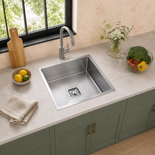 Image of COOTER Single Bowl Kitchen Sink 18x16x10 inch 304 Grade premium Stainless Steel Handmade Sink Brushed Matte Finish Integrated Stainless Steel Coupling, Fruit Tray & Hose Pipe