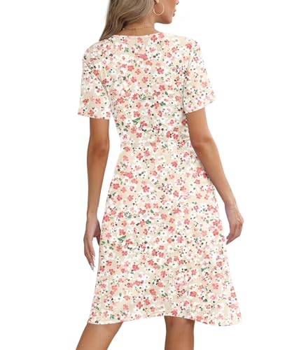 Image of KUOTAI Women's Summer Short Sleeve Casual Dresses Wrap V Neck Beach Outfits Party Flowy Dress with Pockets, Pink White Flo, XX-Large