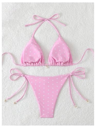 Image of SOLY HUX Women's Polka Dots Print Bathing Suit Halter Triangle Tie Side Bikini Sets Two Piece Swimsuit