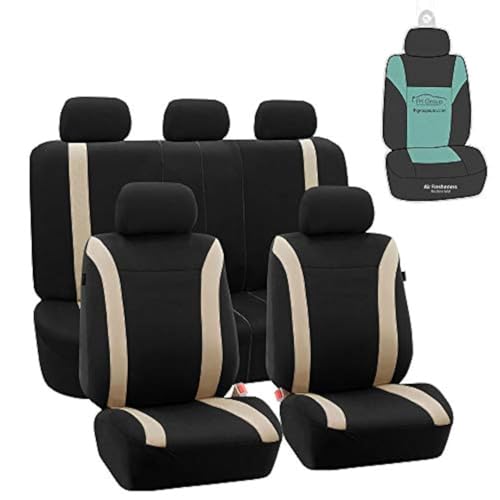 FH Group Automotive Full Set Car Seat Covers Cosmopolitan Flat Cloth, (Airbag Compatible & Split Bench) with Gift- Universal Fit for Cars, Trucks, and SUVS (Beige)