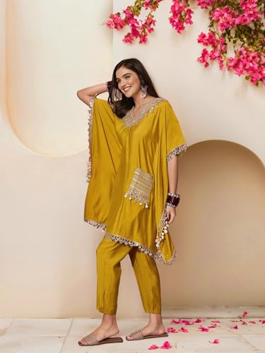 Image of ishin Women Mustard Embellished Zari Work Kaftan with Solid Pants