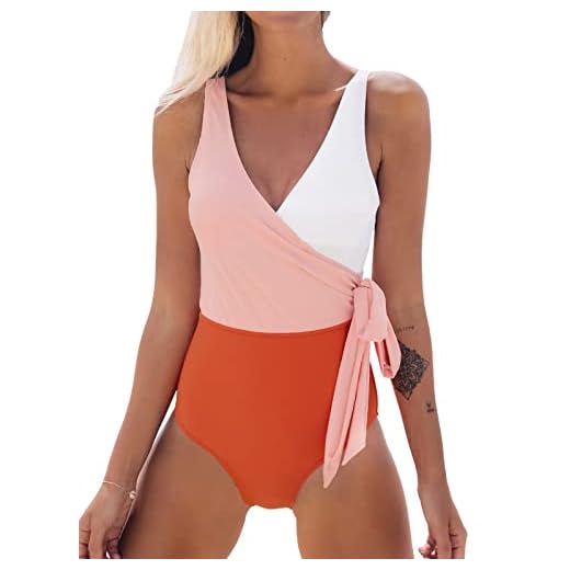 CUPSHE Women's Orange White Bowknot Bathing Suit Padded One Piece Swimsuit, M