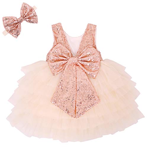 Toddler Baby Glitter Princess Gown Tulle Sleeveless Dress for Infant Backless Party Wedding Dress Flower Girls Headband Sequin Dress Special Occasion Thanksgiving Day Rose Gold Off White 16 12-24M