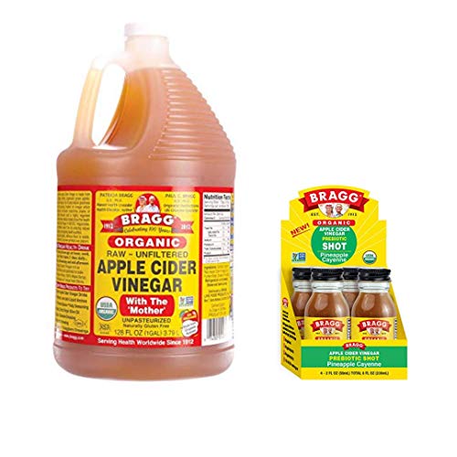 Bragg Organic Apple Cider Vinegar With the Mother 128 ounce and Bragg Organic Apple Cider Vinegar Shot with Pineapple Cayenne 2 ounce ACV Shot Pack of 4 Bundle