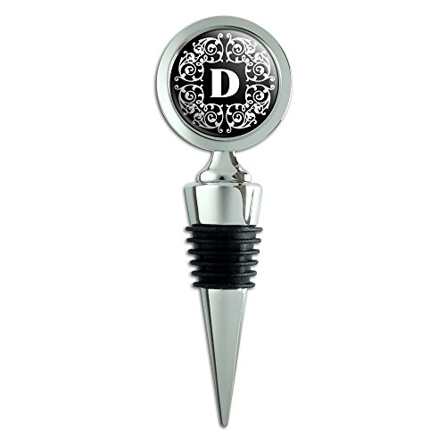 Letter D Initial Black White Scrolls Wine Bottle Stopper
