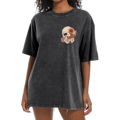 Bobeutou Oversized Vintage T Shirts for Women Skull Shirts Skeleton Gothic Graphic Acid Wash Tshirts Baggy Tee Crew Neck Tops(Black,XL,X-Large) Cover