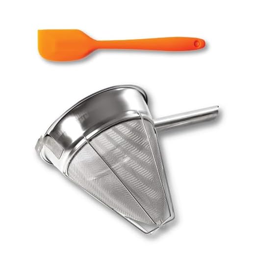 PINKIECLINK Bouillon Strainer - Stainless Steel Fine Mesh Metal Food Chinois, Cone Separator, Kitchen Colander Sieve for Sauce Jam Jelly Tea, 8" - With Spatula