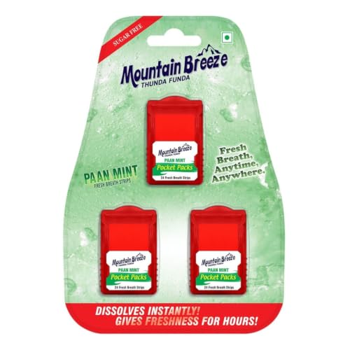 Image of Mountain Breeze Oral Hygiene Mouth Freshener Sugar Free Paanmint Flavoured Breath Strips(24 Strips Each Cassatte)-Pack Of 1(3 Cassette),