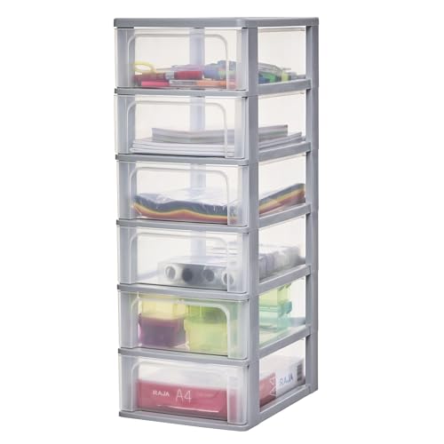 Iris Ohyama Unidad de almacenamiento de plástico con 6 cajones superficiales, Gris, formato A4, A5 y A6, multiusos, para oficina, escuela, papelería, armario y hogar, Torre, Organizador, OCH-2006