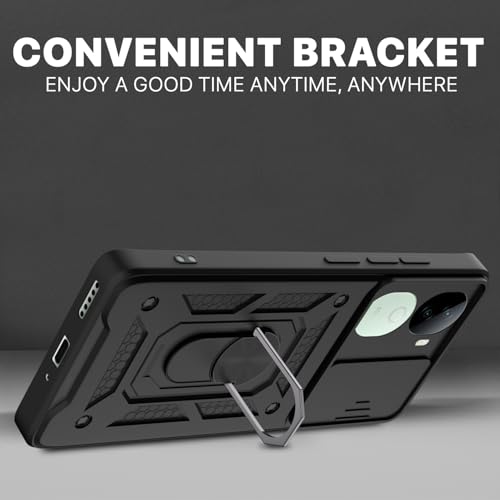 Image of Pikkme Back Cover for Vivo V40e 5G / iQOO Z9s 5G | 360 Protection Case | Sliding Camera Shield Cover & Ring Holder Stand D10 Tough Armor Bumper Case (Black)