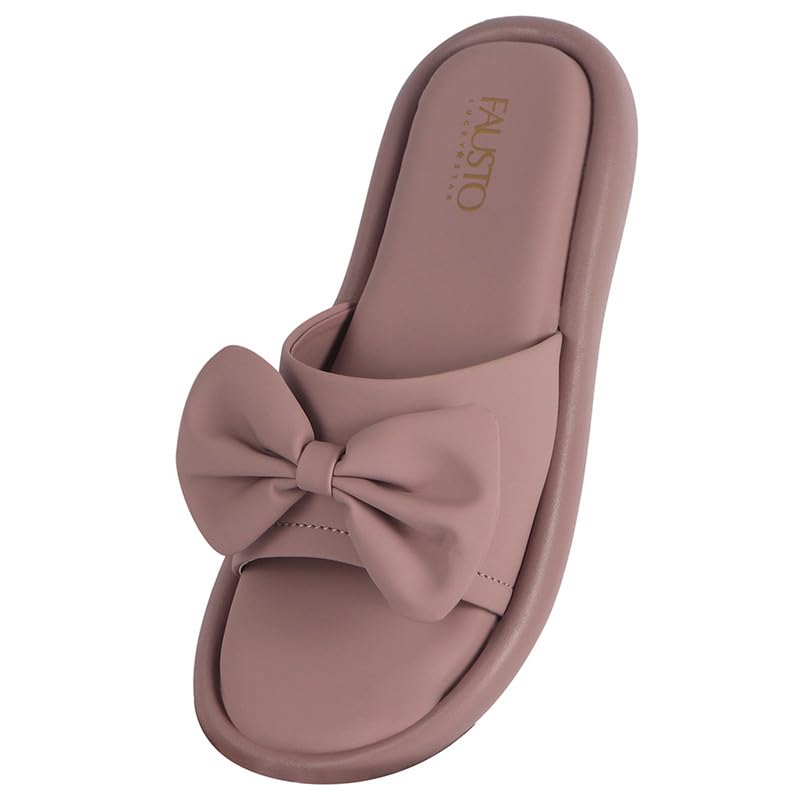 Image of FAUSTO Women Open Toe Bow Design Slip On Sliders | Extra Comfort Cushioned Insole Slippers | Classic Flat Sandals for All Day Long