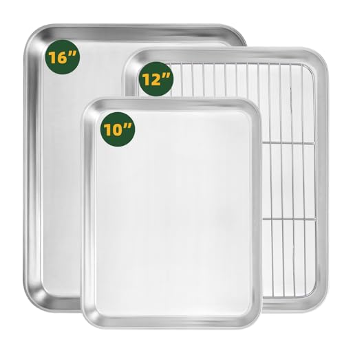 KEKEGO Stainless Steel Baking Sheet Set with Cooling Rack, 4-Piec...