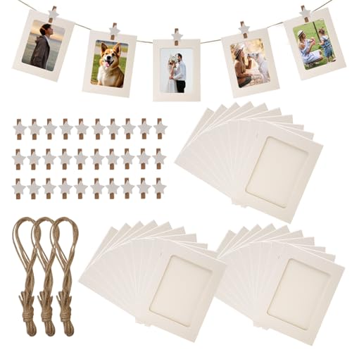 Orchideeknc 30 Stück Karton Fotorahmen, 10 x 15 cm weißes Papier Fotorahmen mit 30 Stück Holzklammern und 3 Stück Hanfseil, für Geburtstag Hochzeit Party Wand DIY Dekoration