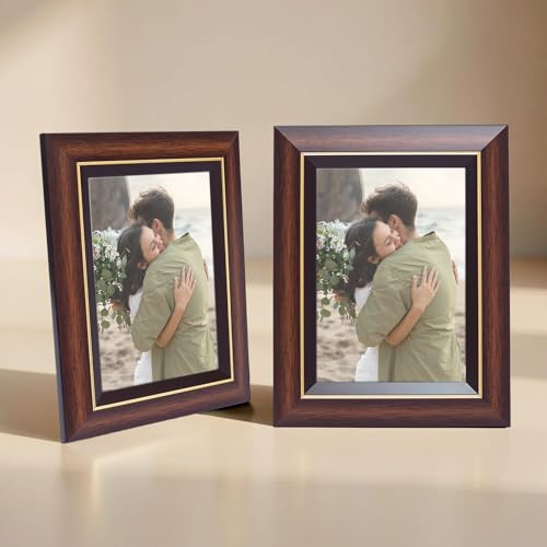 Image of GOLDEN PEACOCK Set of 2 5x7 Inch Photo Frames - Brown & Gold Finish | Elegant Tabletop & Wall Hanging Picture Frames for Home Decor, Office & Gifting