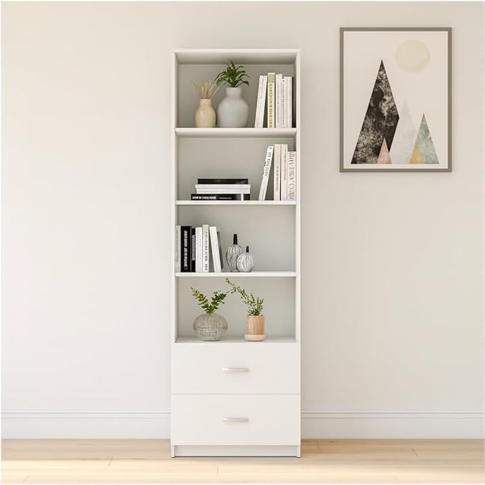 Image of Amazon Brand - Solimo Charm Engineered Wood Book Shelf with 4 Open Shelves & 2 Drawers, White Finish, Multipurpose Storage Rack for Living Room & Study | 60L x 30W x 178H CM | DIY