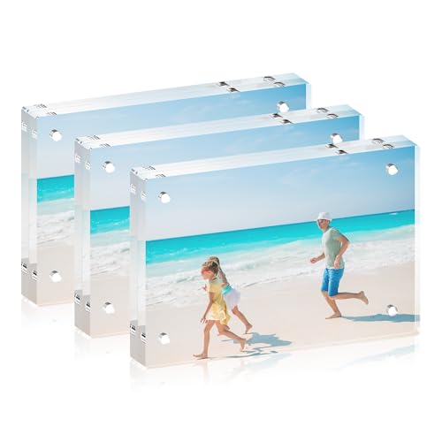 Fisnish 5x7 Acrylic Picture Frame Set of 3 20mm Thick Double-Sided Transparent Magnetic Frameless Photo Frame Desktop Freestanding Display for Office or Home Decor