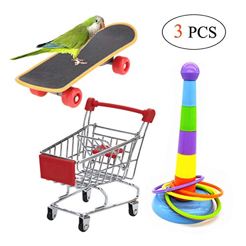 3PCS Parrot Toys Mini Shopping Cart Training Rings Skateboard Stand Perch for Budgie