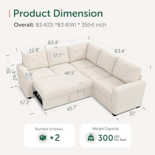 Image of HONBAY 5-Seater U-Shaped Sectional Sleeper Sofa with Pull-Out Bed, Corduroy Sectional Sofa for Living Room, Beige