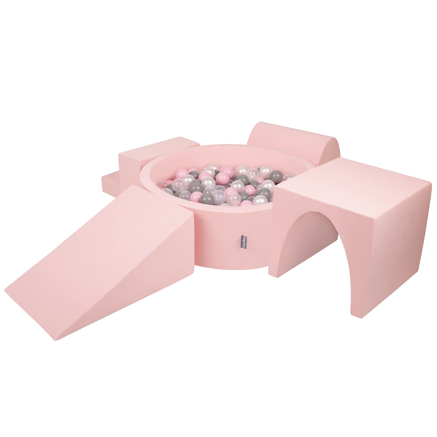KiddyMoon Foam Playground For Kids With Round Ballpit (200 Balls ∅ 7Cm/2.75In) Soft Obstacles Course And Ball Pool, Made In EU, Pink:Pearl/Grey/Transparent/Powder Pink