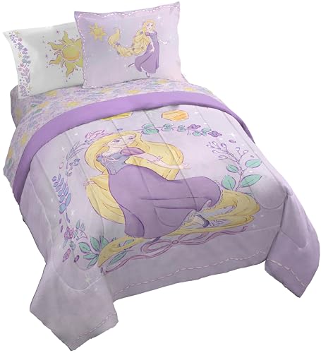 Image of Disney Princess Rapunzel Queen Comforter Set 7 Piece Kids Bedding, Purple | Bed in a Bag, Comforter Sheets Shams Pillowcases, Official Brand, Soft Microfiber, Machine Washable, Girls Gift