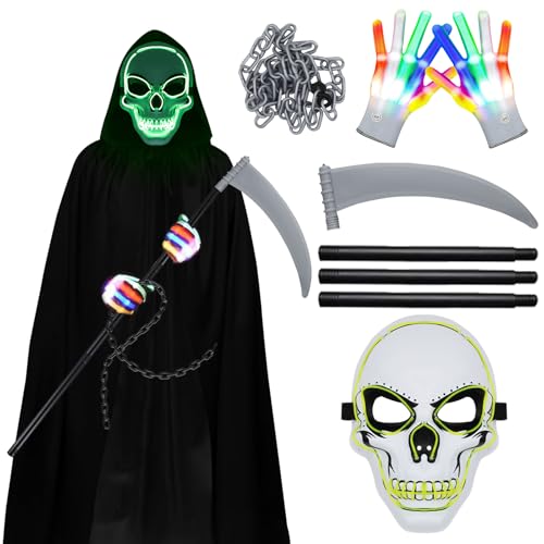 TZQFROCE Halloween Sensenmann Kostüm 5 Stücke Sensenmann Kostüm Set mit Sensenmann maske, Sense, Handschuhe und Kette, Schwarz mit Kapuze, Halloween Kostüm Halloween Dekoration Cosplay - 170cm