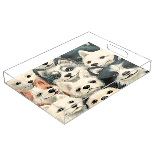 Msyxl Dogs Serving Tray for Coffee Table, Decorative Acrylic Tray Dogs Tray with with Handles for Breakfast, Ottoman, Countertop, 12x16 in