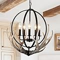 5-Light Antler Chandelier 20"Farmhouse Chandeliers for Dining Room Rustic Vintage Ceiling Light Fixture with 4 Resin Deer and Metal Globe Chandelier for Entryway Foyer Kitchen Island Pendant Lighting