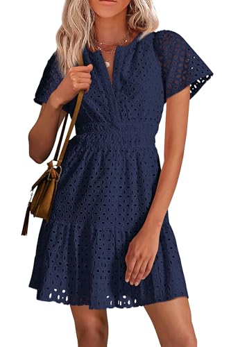 PRETTYGARDEN Womens 2025 Summer Short Dress V Neck Short Sleeve A Line Hollow Out Lace Ruffle Cute Casual Beach Party Dresses (Navy,Large)