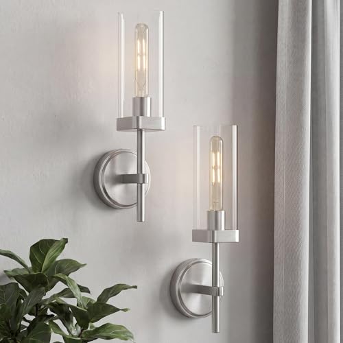 Image of Modern Wall Sconces Set of 2, Brushed Nickel Bathroom Vanity Sconces with Square Clear Glass Shade, Wall Mount Lights for Mirror Bedroom Hallway, Upward Lighting Only, E26 Base, VL262-BN-2PK