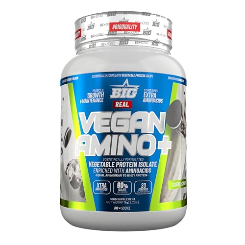 BIG - Proteina Vegana - Proteina Vegetal 100%, para Masa Muscular y Recuperación - Vegan Protein con Aminoácidos - Proteína en Polvo con Deliciosos Sabores, Sin Lactosa (1Kg, Cookies & Cream)
