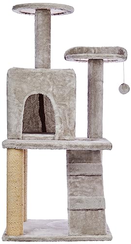 Image of Amazon Basics Large Cat Tree with Scratching Posts, Balls, Stairs and House | 48.5 x 45.5 x 106.5 cm | Grey