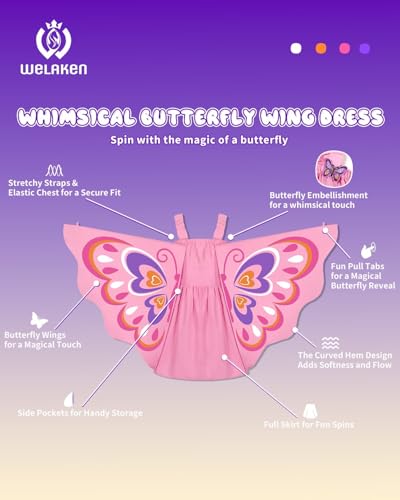 WELAKEN Kid Girls Butterfly Wings Dress - Toddler Cotton Sleeveless Fairy Sundress with Pockets3