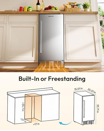 Image of EUHOMY 15 Inch Under Counter Beverage Refrigerator, 127 Can Beverage Fridge with Stainless Steel Door, Beverage Cooler Built-in, Drink Fridge for Soda Beer and Wine