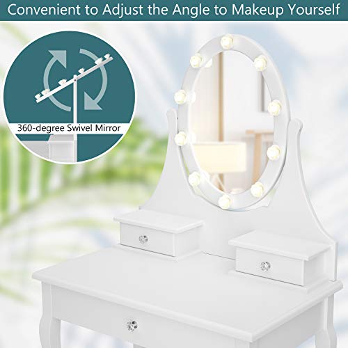 Charmaid Girls Vanity Set With Lighted Mirror And Stool, Princess Makeup Table With 10 Rose Lights And 3 Drawers, White Dressing Desk With Rotatable Mirror And Cushioned Stool For Girls Kids #TOP3