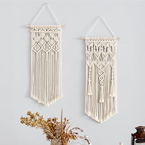 Image of Mkono Cotton 2 Pcs Macrame Woven Wall Hanging Boho Chic Bohemian Home Geometric Art Decor - Beautiful Apartment Dorm Room Decoration, 28 inch L x 13 inch W, Ivory