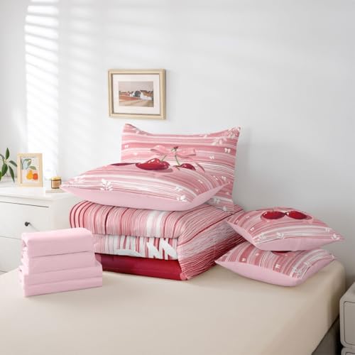 Image of Erosebridal Cherry Bow 7 Pieces Bedding Set Full Size Pink Valentine Comforter Set for Girls Romantic Bowknot Bowtie Bed in A Bag with Flat and Fitted Sheet Geometric Stripes Cottagecore Quilt Set