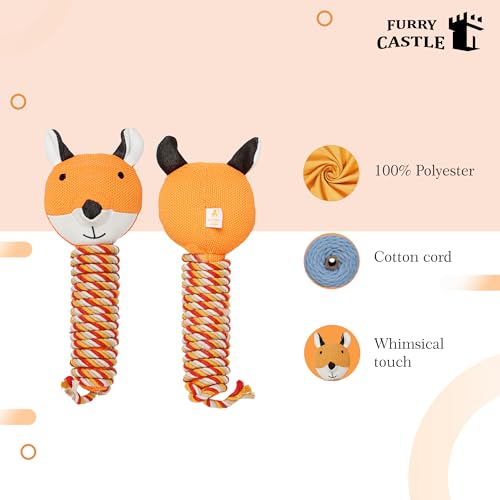 Image of Knitted Fox Handle with Rope Dog Toy 100% Polyester, Cotton Cord with Squeakers- Orange