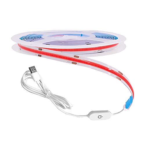 GQL Dimmable COB LED Strip with White Dimmer Switch, 5V USB Flexible Light Ribbon, Self-Adhesive Tape for Indoor Home Commercial Cupboard TV Backlight (Red, 3m)