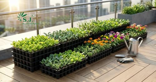Image of SJ Organics Seed Starter Tray - Pack of 10 (48 Cells Each) | Heavy Duty Germination Tray for Vegetables, Flowers & Hydroponic Gardening