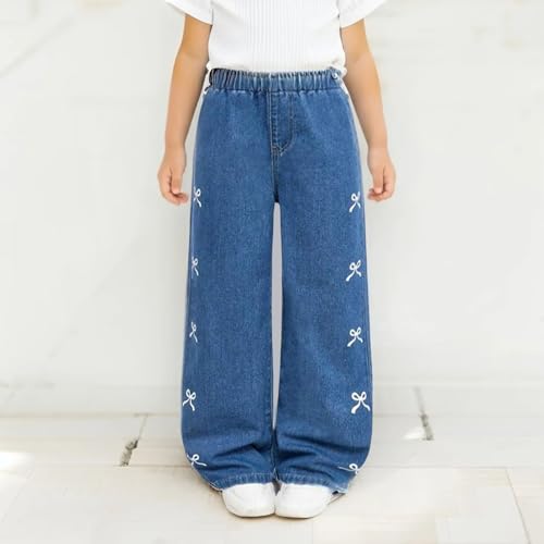 Girls Bowknot Print Baggy Jeans Kids Y2k Jeans Wide Leg Elastic Waist Loose Denim Pants Comfy Cotton Fall Winter3