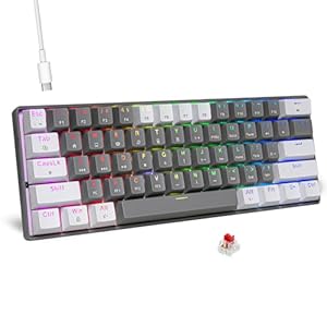HUO JI Portable 60% Mechanical Gaming Keyboard, RGB LED Backlit Compact 61 Keys Mini Wired Office Keyboard with Red Switch for Windows Laptop PC – Grey/White