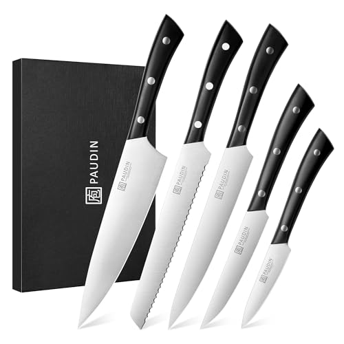 PAUDIN Kitchen Knife Set, 5 Pieces Knives Set for kitchen, Ultra Sharp Kitchen Knives, High Carbon Stainless Steel Knife Set, Precise Cutting with Ergonomic Handle