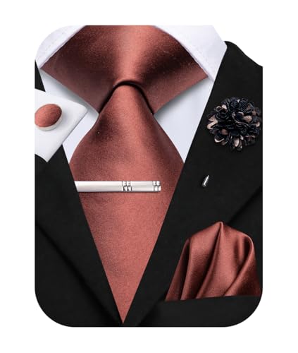 Image of Hi-Tie Solid Burnt Orange Tie Set Men Formal Necktie and Pocket Square Lapel Pin Silver Tie Clip Cufflinks Set Wedding Business 6PCS