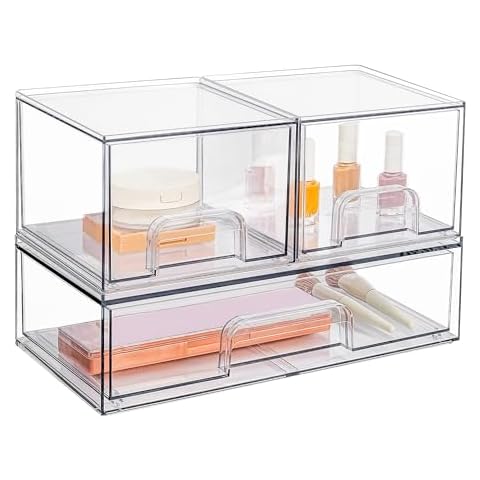 Vtopmart Stackable Storage Drawers Set of 3,Clear Plastic Organizer Bins for Makeup, Cosmetics, Beauty Supplies,Ideal for Vanity, Bathroom,Cabinet,Pantry Organization Cover