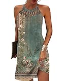 SAUKOLE Womens Summer Halter Neck Hollow Out Sleeveless Dress Floral Print Beach Boho Short Mini Sundresses