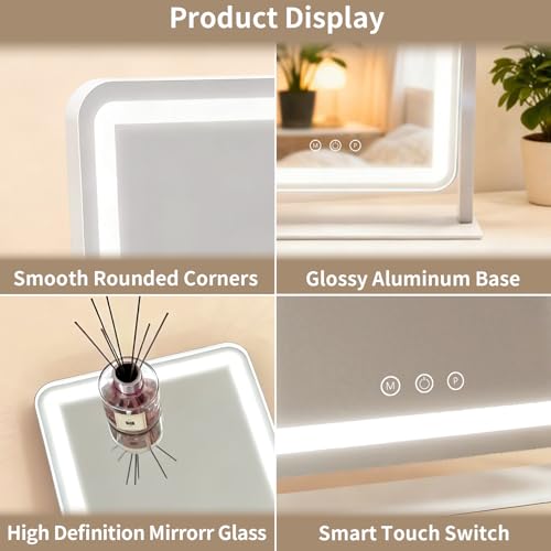 Image of ROLOVE Vanity Mirror with Lights 14.6x13 Inch, Smart Touch Control, 3 Color Lighting Modes, Table Top Mirror with Stand for Bedroom