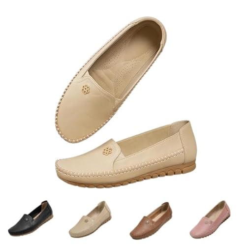Orthopedic Leather Shoes Loafers Slip On Stitched Flat-Soled Women's Casual Anti-Slip Rubber Sole Walking Flats Loafers (beige,2